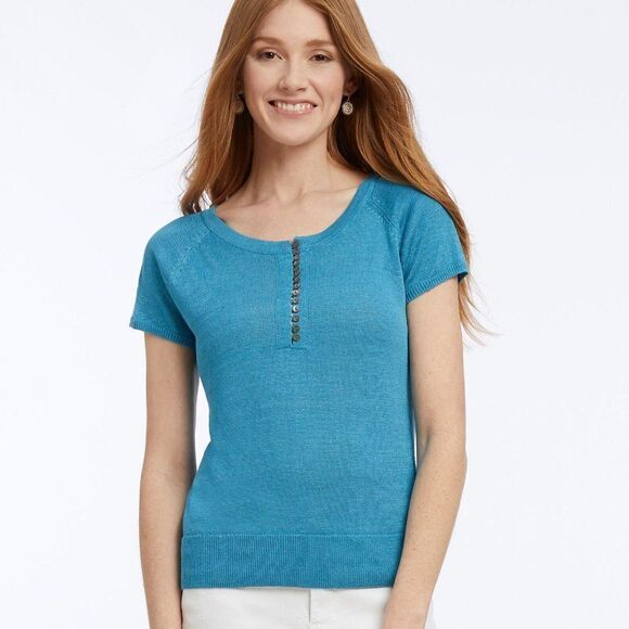 Nic + Zoe Linen Button Up Knit Tee size XXL in Deep Turquoise - NEW - Picture 1 of 13